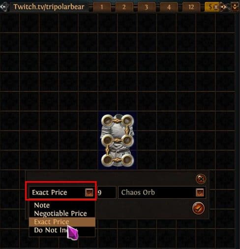 poe trade set Exact Price and list items